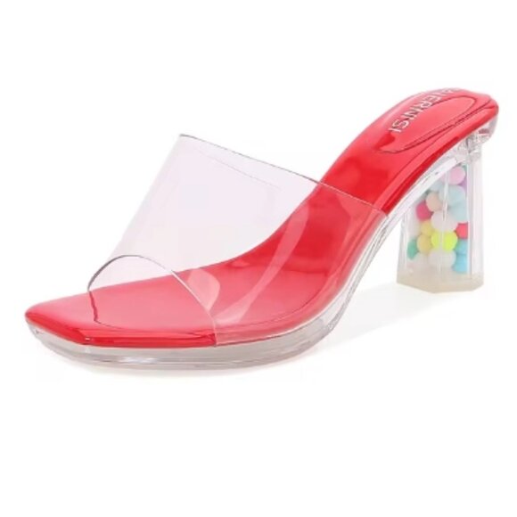NWOT - Transparent BALL Décor Sandals in Red (Size 7) *Heel Height 3.15" - Picture 3 of 8